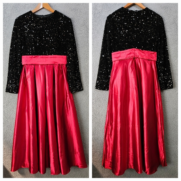 AO YAN Dresses & Skirts - Black & Red Maxi Dress M Medium Sequined Satin Long Sleeve Formal Gown AO YAN